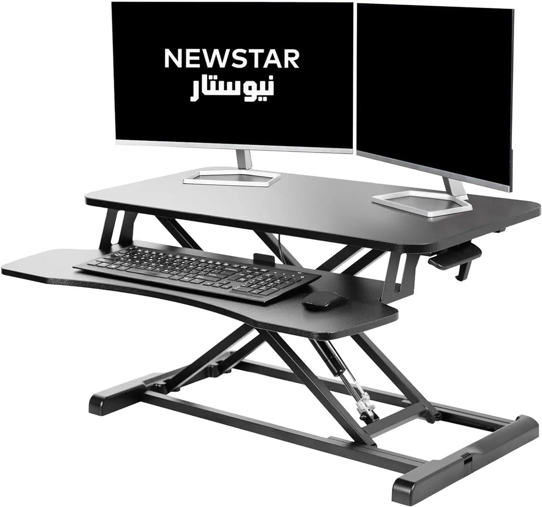 NEWSTAR 32 inch Desk Converter, K Series, Height Adjustable Sit to Stand Riser, Dual Monitor and Laptop Workstation with Wide Keyboard Tray, Black