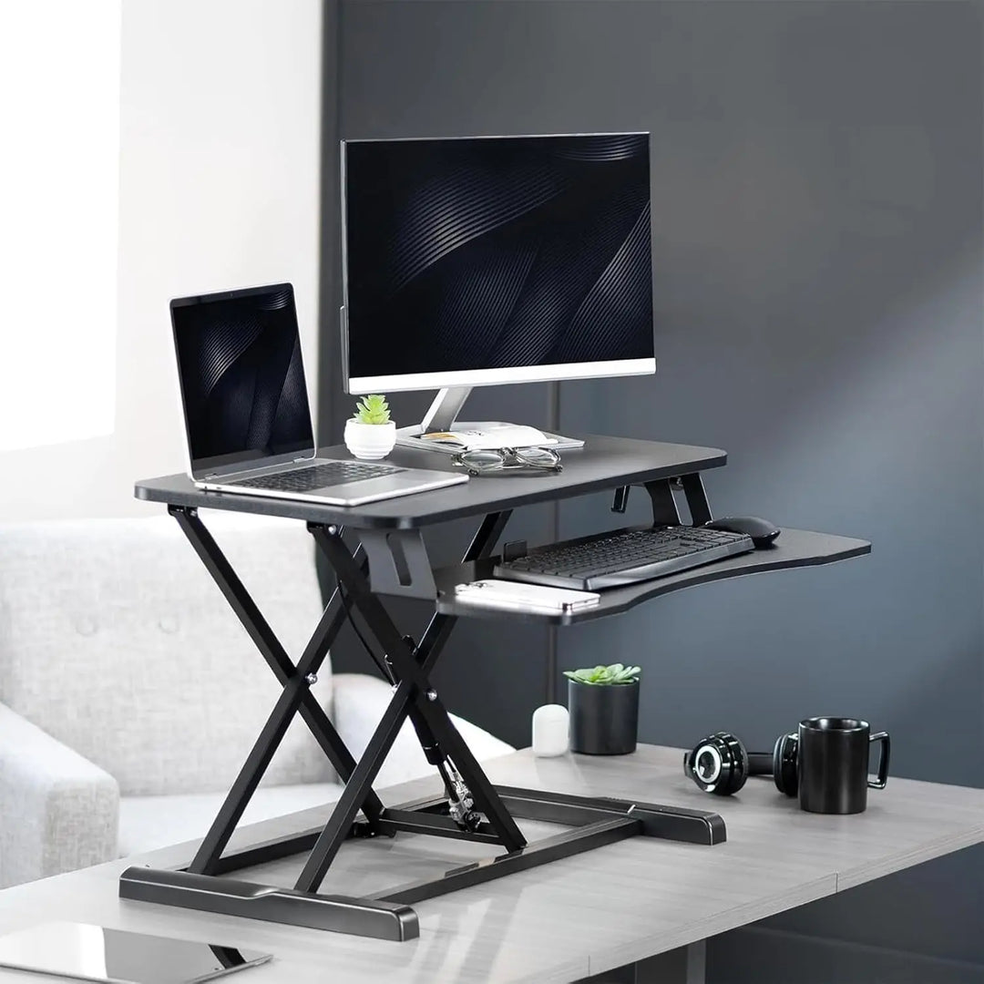 NEWSTAR 32 inch Desk Converter, K Series, Height Adjustable Sit to Stand Riser, Dual Monitor and Laptop Workstation with Wide Keyboard Tray, Black