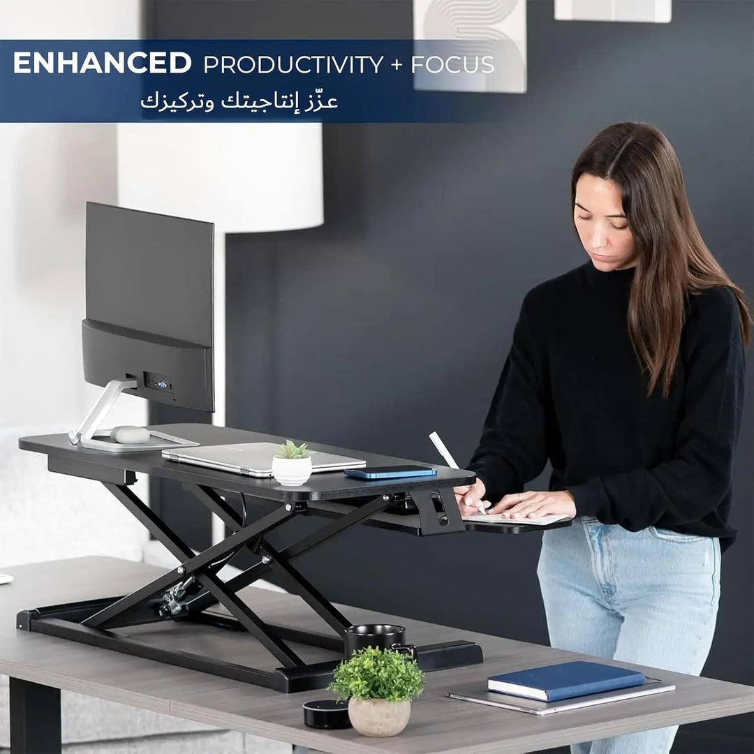 NEWSTAR 32 inch Desk Converter, K Series, Height Adjustable Sit to Stand Riser, Dual Monitor and Laptop Workstation with Wide Keyboard Tray, Black