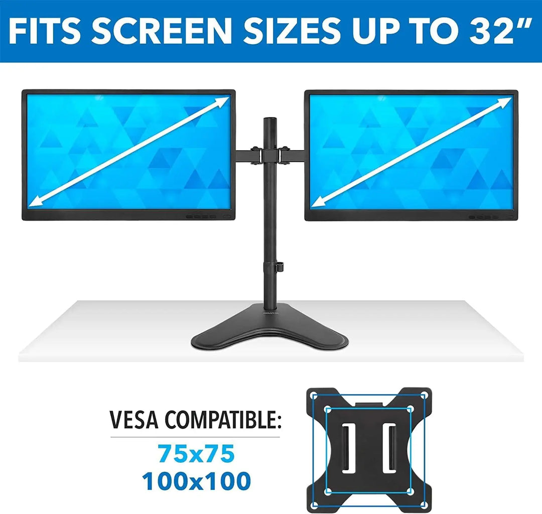 Newstar Dual Monitor Stand | Double Monitor Desk Stand Fits Two x 13 to 32 Inch Computer Screens | Freestanding Base | 2 Heavy Duty Full Motion Adjustable Arms | VESA Compatible