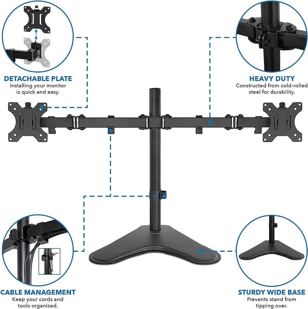 Newstar Dual Monitor Stand | Double Monitor Desk Stand Fits Two x 13 to 32 Inch Computer Screens | Freestanding Base | 2 Heavy Duty Full Motion Adjustable Arms | VESA Compatible
