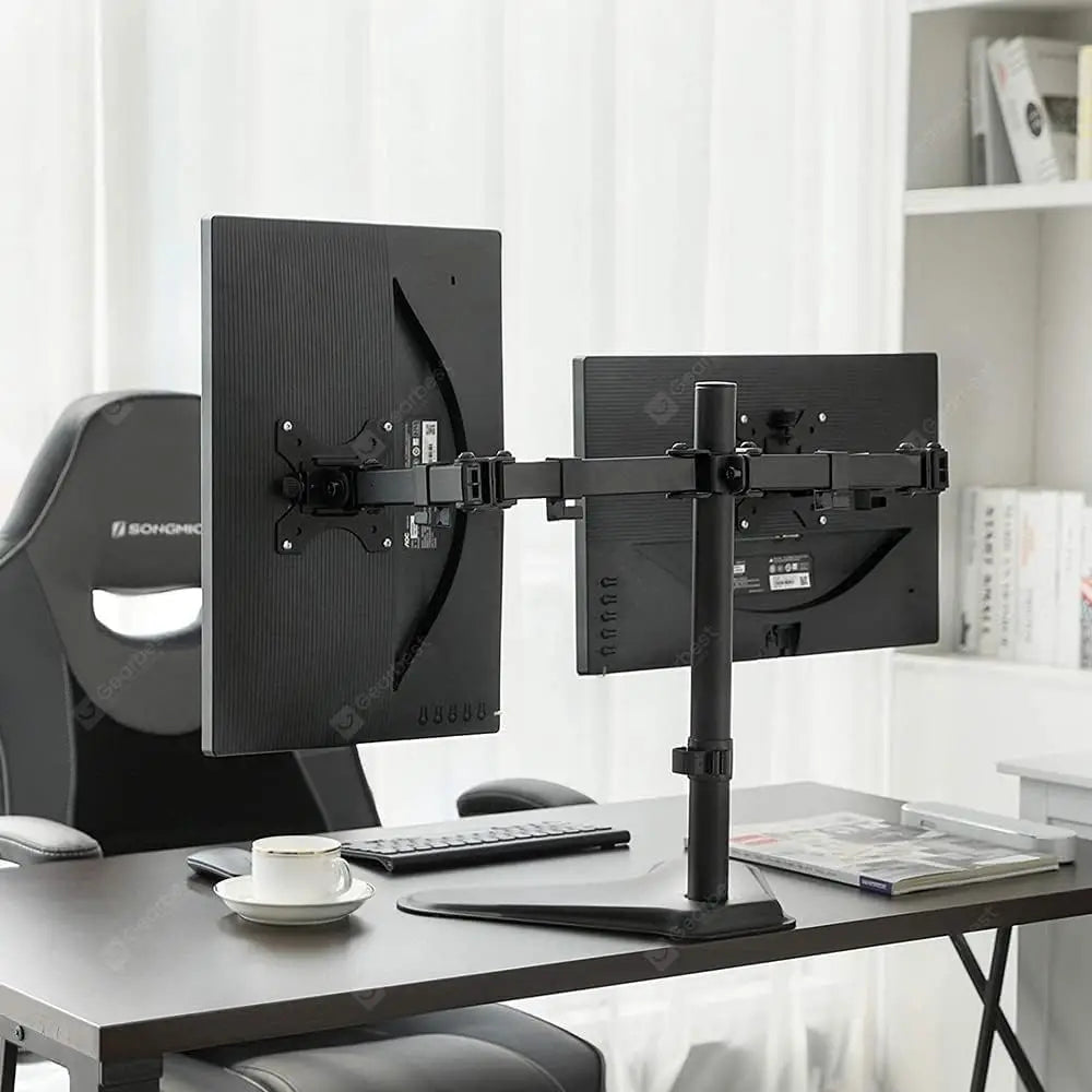 Newstar Dual Monitor Stand | Double Monitor Desk Stand Fits Two x 13 to 32 Inch Computer Screens | Freestanding Base | 2 Heavy Duty Full Motion Adjustable Arms | VESA Compatible