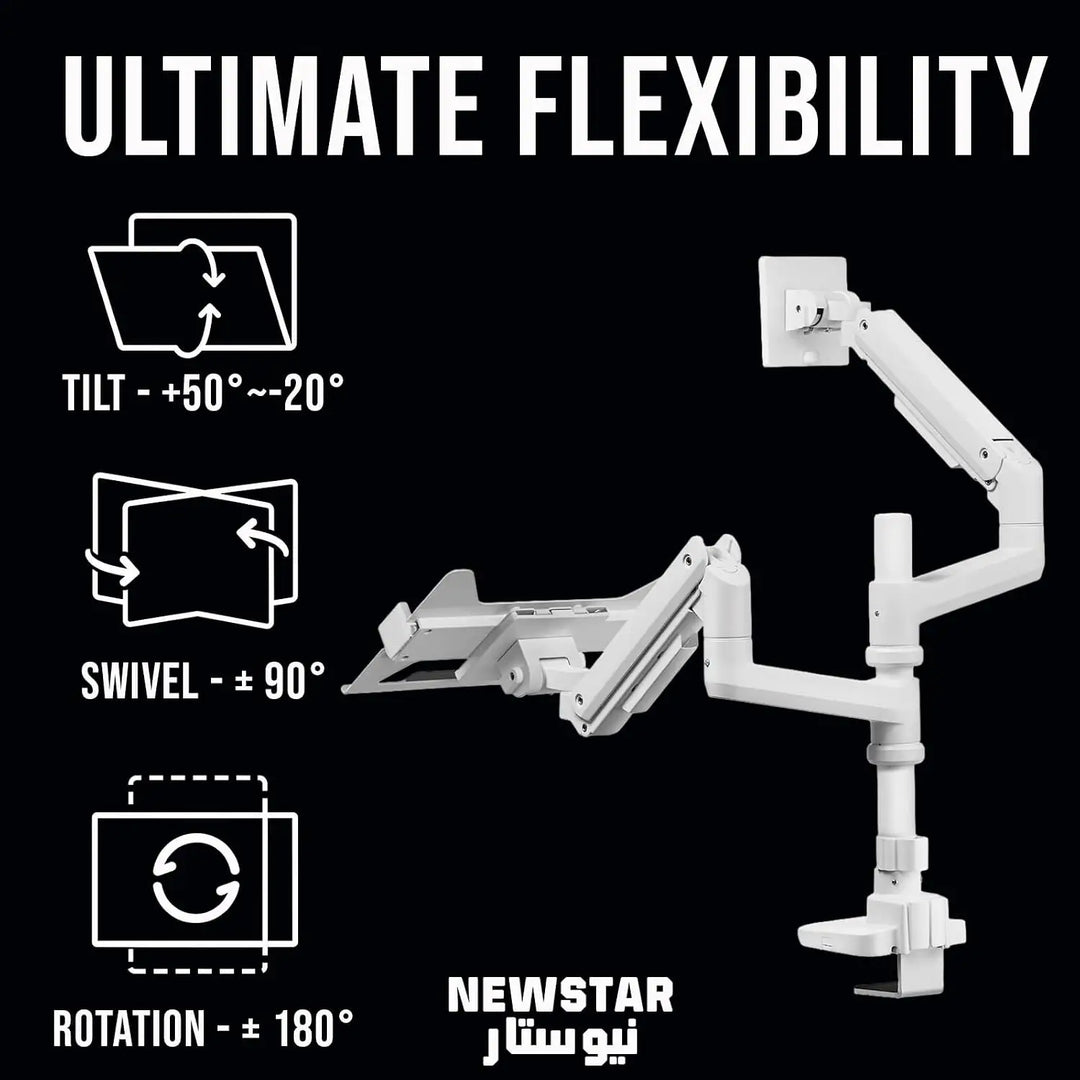 NEWSTAR Monitor Arm and Laptop Mount with Adjustable Tray for 10-17" Notebook (9kg Max), Full Motion Arm Supports 17" - 49" Monitor (20kg Max), White, Adjustable Dual Stand with Clamp