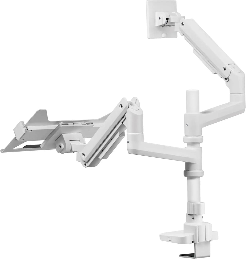 NEWSTAR Monitor Arm and Laptop Mount with Adjustable Tray for 10-17" Notebook (9kg Max), Full Motion Arm Supports 17" - 49" Monitor (20kg Max), White, Adjustable Dual Stand with Clamp