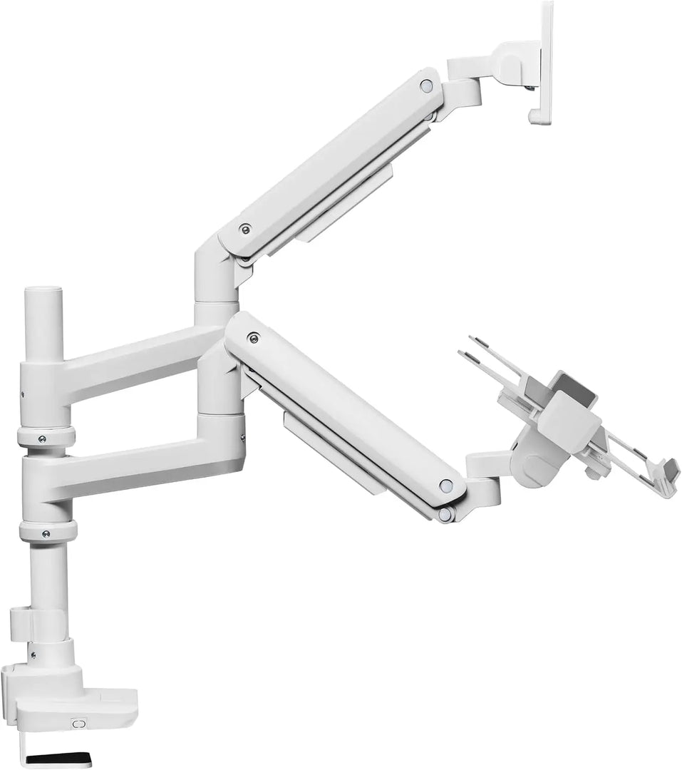 NEWSTAR Monitor Arm and Laptop Mount with Adjustable Tray for 10-17" Notebook (9kg Max), Full Motion Arm Supports 17" - 49" Monitor (20kg Max), White, Adjustable Dual Stand with Clamp