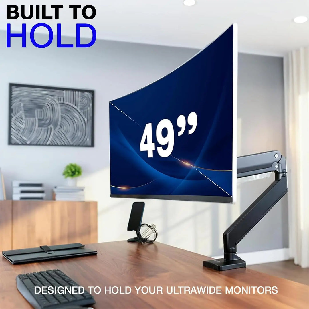 NEWSTAR Single Monitor Arm, Gas Spring Single Monitor Mount up to 49 inches, Ultrawide Monitor Arm Holds up to 20KG, Heavy Duty Monitor Mount Desk with C Clamp and Grommet Base