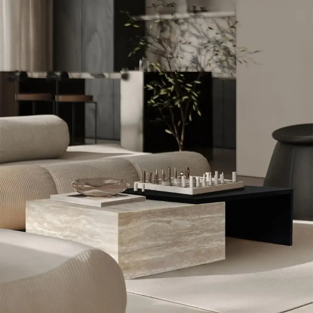 Nordic Modern Living Room Furniture - Removable Storage Travertine Marble Coffee Table with Iron Base-GCC Home Center