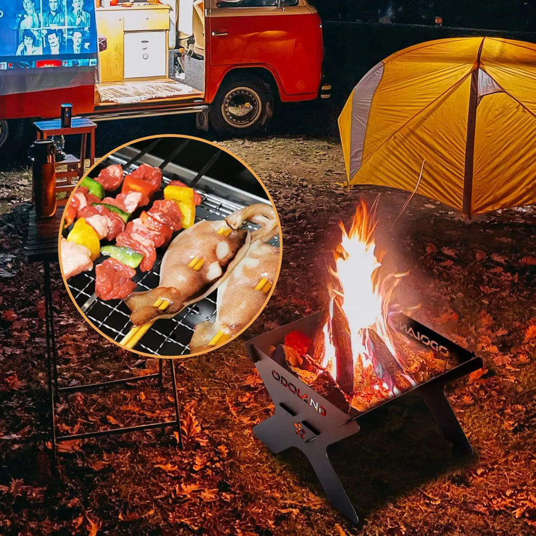 Odoland Camping Campfire Grill, Portable Folding Charcoal Grills, Backpacking BBQ Grill, Heavy Duty Firepit Grill with Carry Bag for Outdoor Cooking, Bonfire, Patio, Backyard