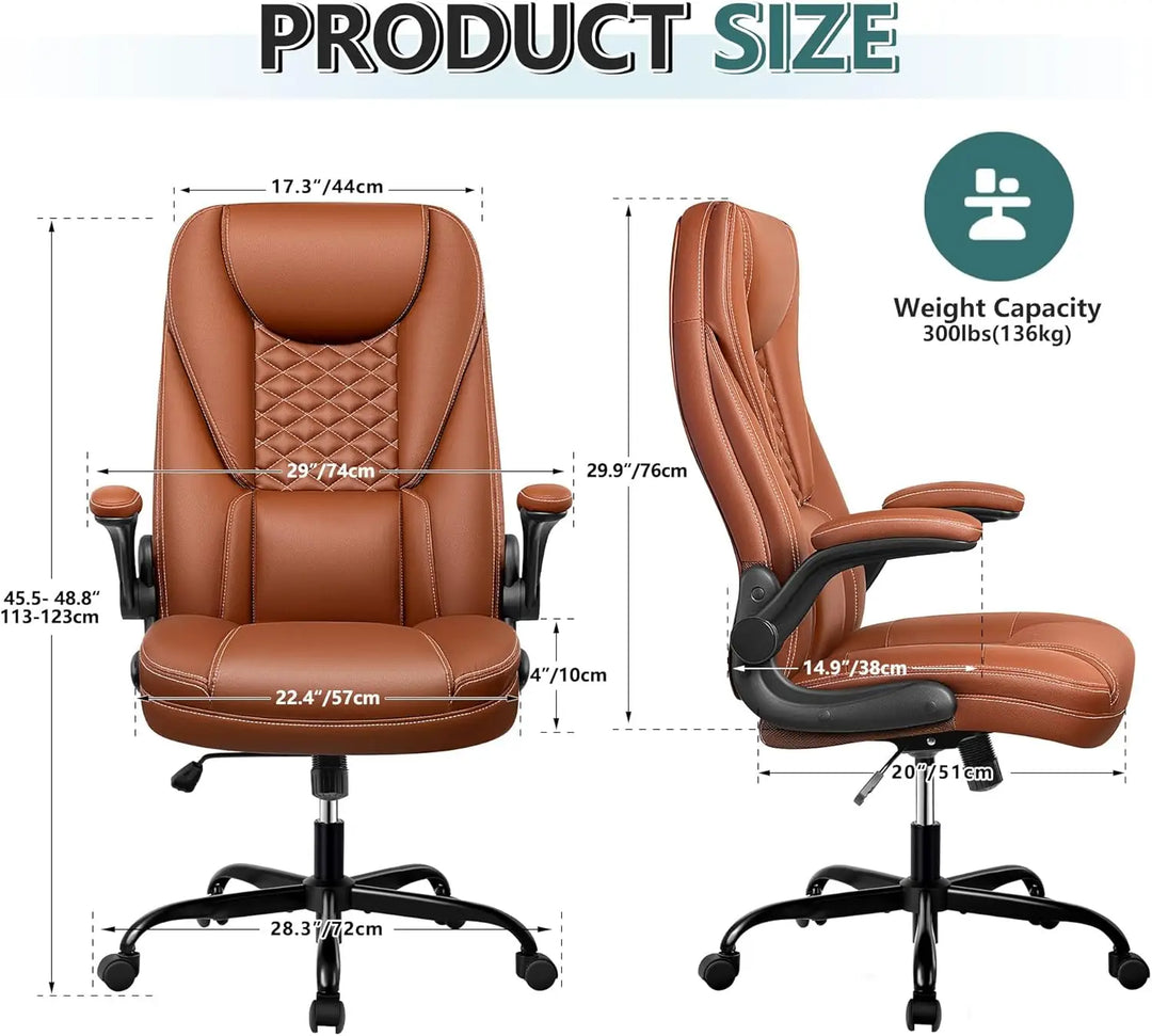 Guessky Office Chair, Big and Tall Office Chair Executive Office Chair Ergonomic Leather Chair with Lumbar Support High Back Home Office Desk Chairs Computer Chair with Adjustable Flip-Up Arms (Brown)