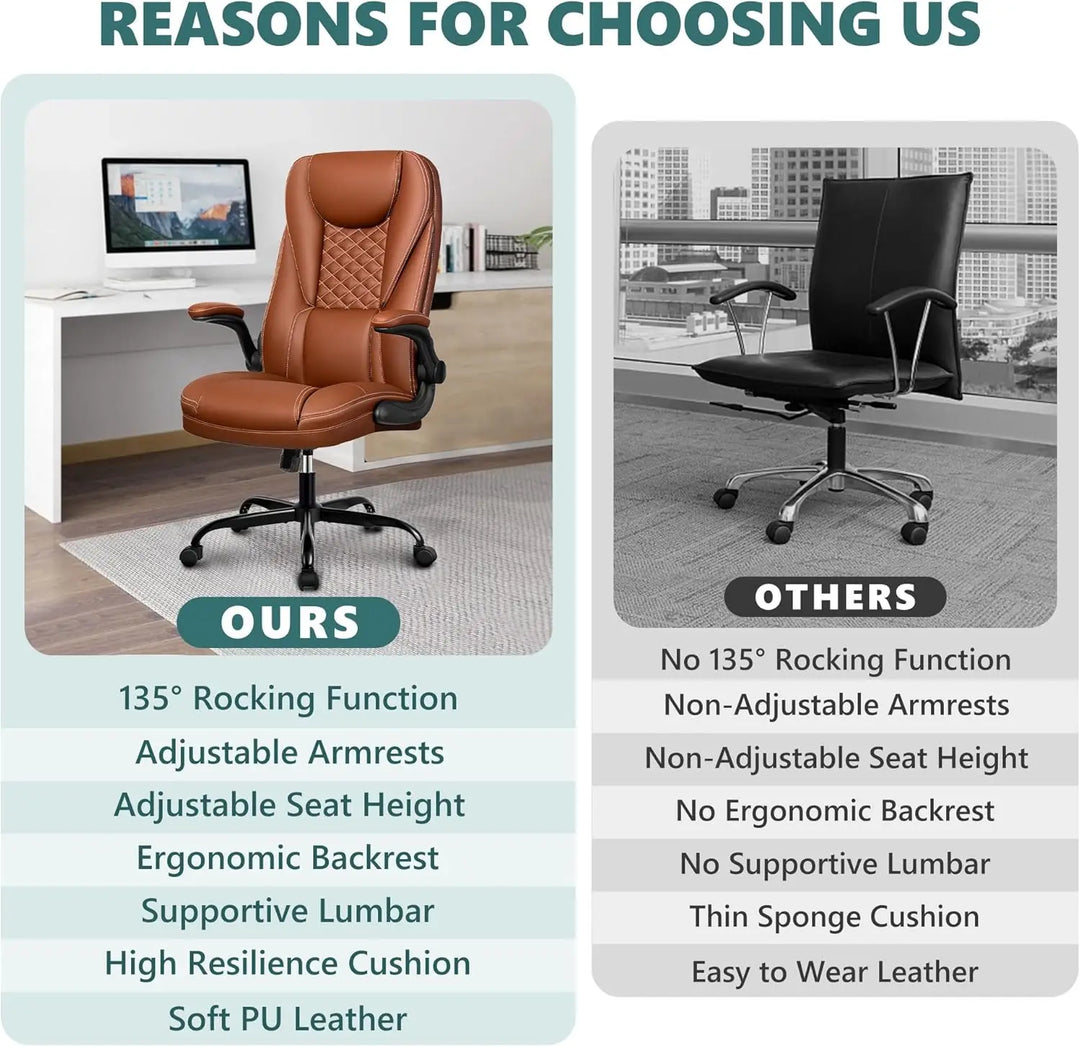 Guessky Office Chair, Big and Tall Office Chair Executive Office Chair Ergonomic Leather Chair with Lumbar Support High Back Home Office Desk Chairs Computer Chair with Adjustable Flip-Up Arms (Brown)
