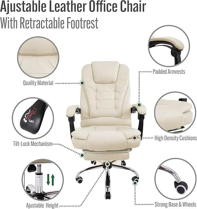 Cream-colored adjustable leather office chair with padded armrests and retractable footrest for computer use