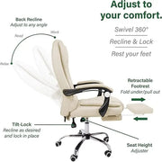 Beige leather office chair with black armrests and chrome base for computer and gaming use