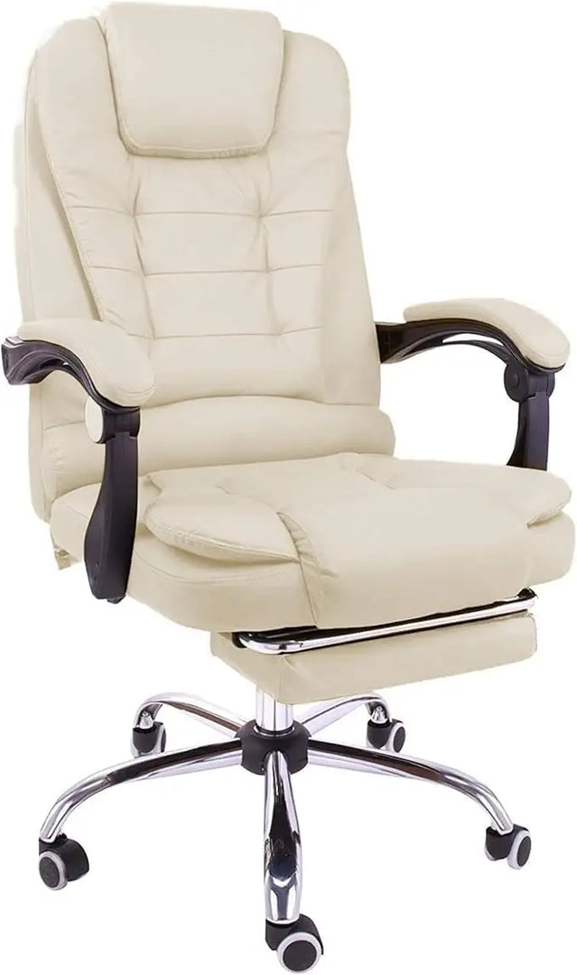 Cream-colored leather office chair with black armrests and chrome base for computer and gaming use