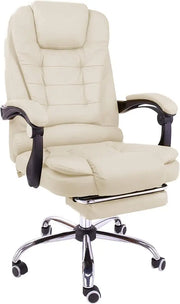 Cream-colored leather office chair with black armrests and chrome base for computer and gaming use