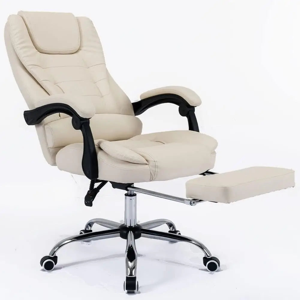 Cream-colored leather office chair with black armrests chrome base and adjustable footrest for computer and gaming use