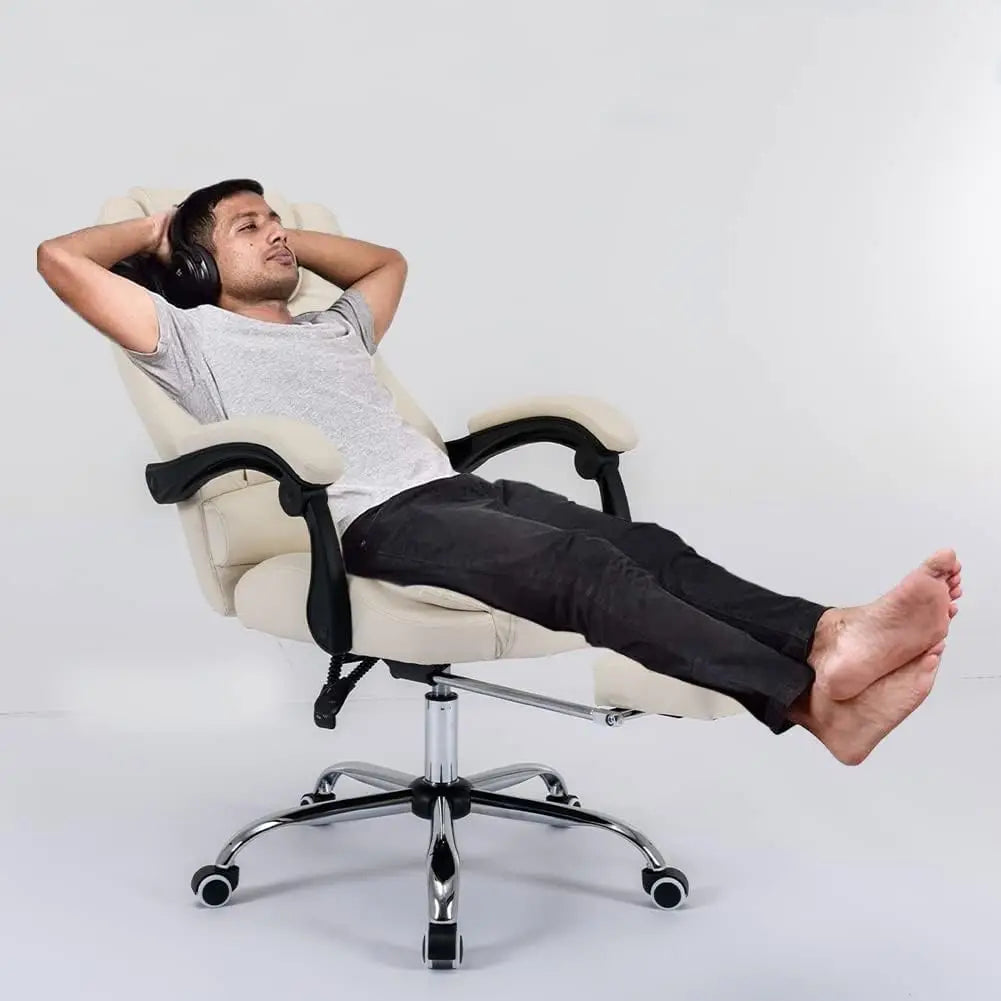 Beige leather office chair with black armrests and chrome base for computer, gaming, and lift chair use