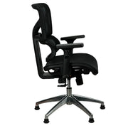 Black ergonomic office visitor chair with mesh back, lumbar support, padded seat, adjustable armrests, and chrome base