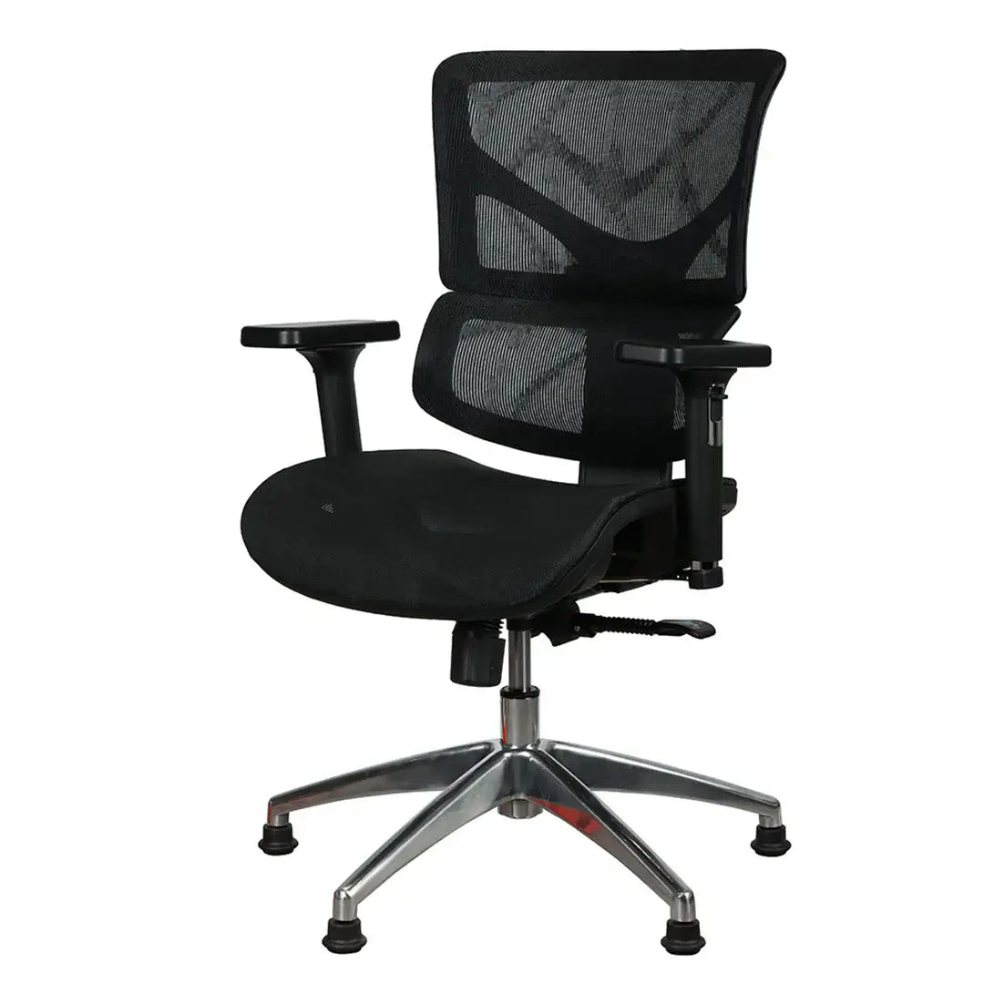 Black mesh office visitor chair with ergonomic lumbar support, adjustable armrests, and a five-star base shown from the back