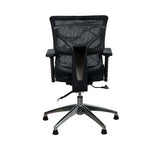 Load image into Gallery viewer, Black mesh office visitor chair with ergonomic lumbar support and adjustable armrests on chrome five-star base
