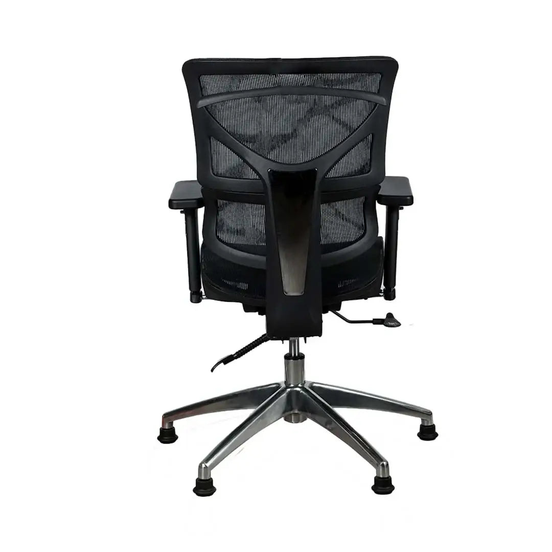 Black mesh office visitor chair with ergonomic lumbar support and adjustable armrests on chrome five-star base