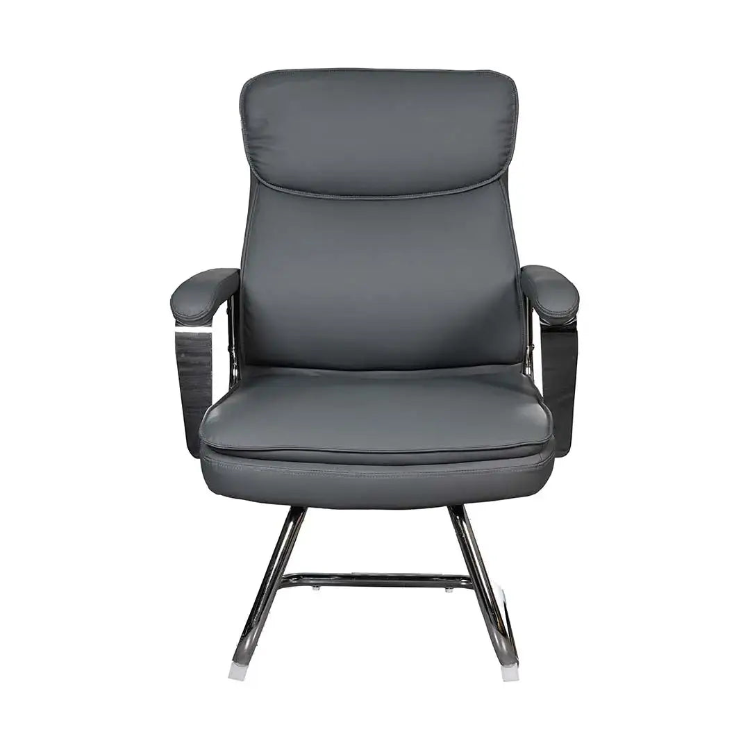 Gray leather executive office visitor chair with ergonomic design and chrome finished aluminum base and armrests