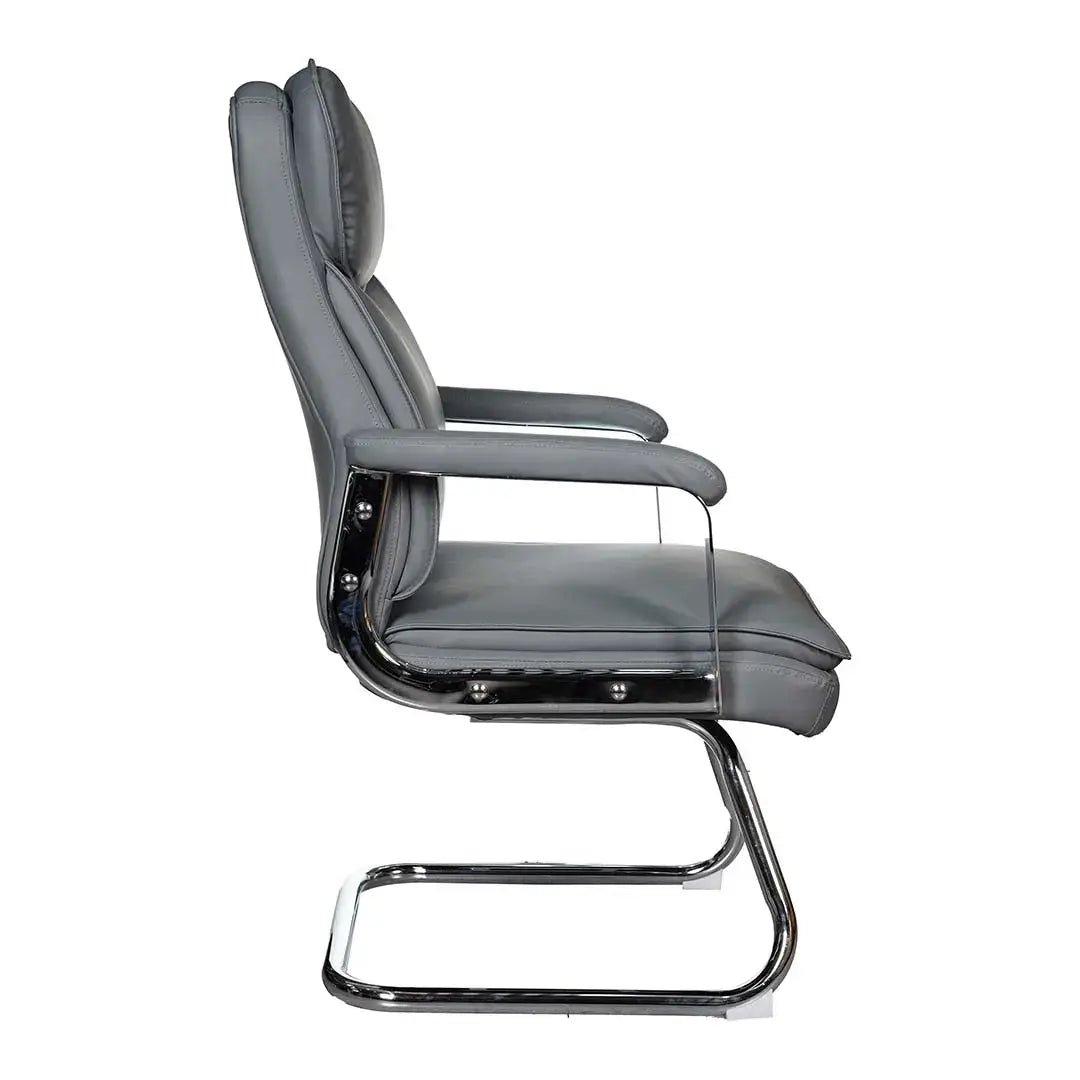 Gray leather office visitor chair with ergonomic design padded armrests and sleek chrome cantilever base