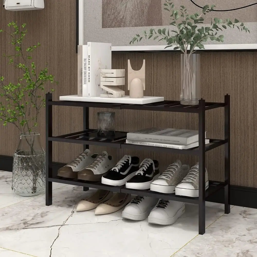 ORiTi Bamboo Shoe Rack 3 Tier Stackable Shoe Shelf Shoes Organizer Standing Shoe Stand Stable and Study for Closet Entryway Hallway Bedroom Floor Dorm Black 69x46x28cm