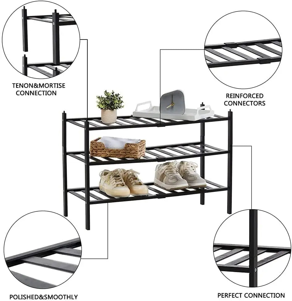 ORiTi Bamboo Shoe Rack 3 Tier Stackable Shoe Shelf Shoes Organizer Standing Shoe Stand Stable and Study for Closet Entryway Hallway Bedroom Floor Dorm Black 69x46x28cm