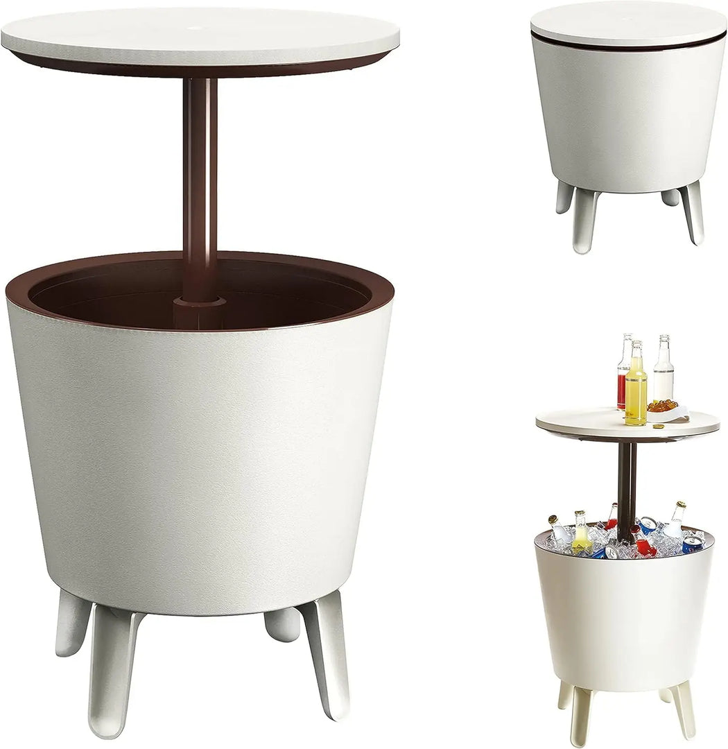 Outdoor Cool Bar Ice Cooler Table – Stylish White & Brown Garden Drinks Table for Patio, Poolside & Entertaining**