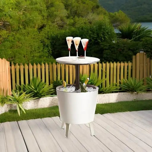 Outdoor Cool Bar Ice Cooler Table – Stylish White & Brown Garden Drinks Table for Patio, Poolside & Entertaining**