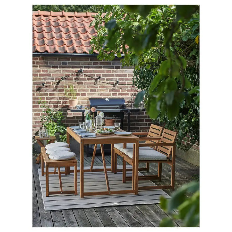 Outdoor Dining Table + 2 Chairs + Bench Set (Light Brown Stained, Beige)