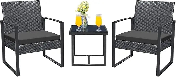 Outdoor Furniture Balcony Furniture 3 Pieces Garden Outdoor Furniture Set include 2 Rattan Chairs with Cushions and 1 Coffee Table-GCC Home Center