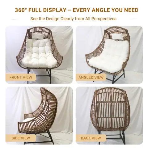 Outdoor Rattan Lounge Chair with 12cm Cushion, High Backrest and Headrest – PE Wicker and Iron Frame for Balcony, Patio or Garden