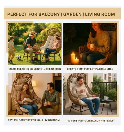 Outdoor Rattan Lounge Chair with 12cm Cushion, High Backrest and Headrest – PE Wicker and Iron Frame for Balcony, Patio or Garden