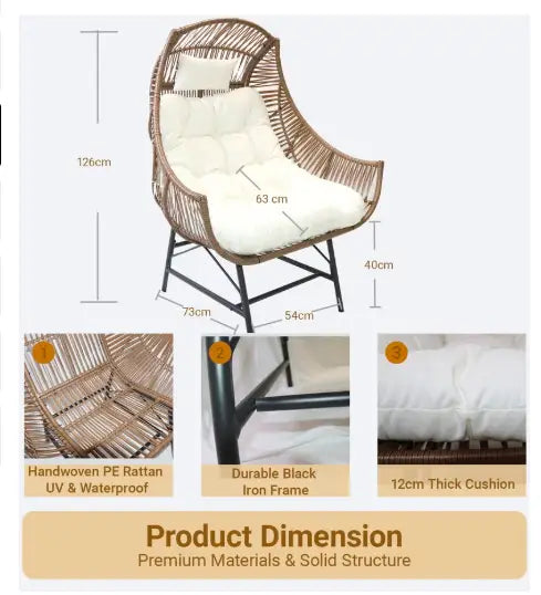 Outdoor Rattan Lounge Chair with 12cm Cushion, High Backrest and Headrest – PE Wicker and Iron Frame for Balcony, Patio or Garden