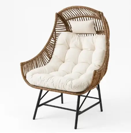 Outdoor Rattan Lounge Chair with 12cm Cushion, High Backrest and Headrest – PE Wicker and Iron Frame for Balcony, Patio or Garden