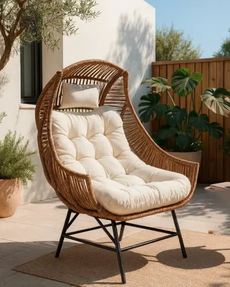 Outdoor Rattan Lounge Chair with 12cm Cushion, High Backrest and Headrest – PE Wicker and Iron Frame for Balcony, Patio or Garden