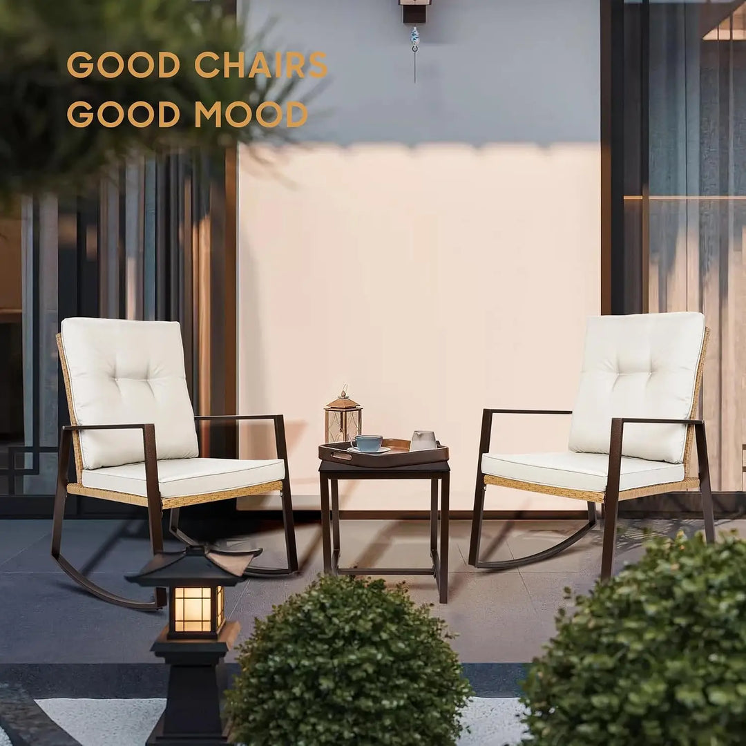 Piece Light Beige Rattan Bistro Set – Outdoor Rocking Chairs with Washable Cushions & Glass Coffee Table for Patio, Garden & Balcony**
