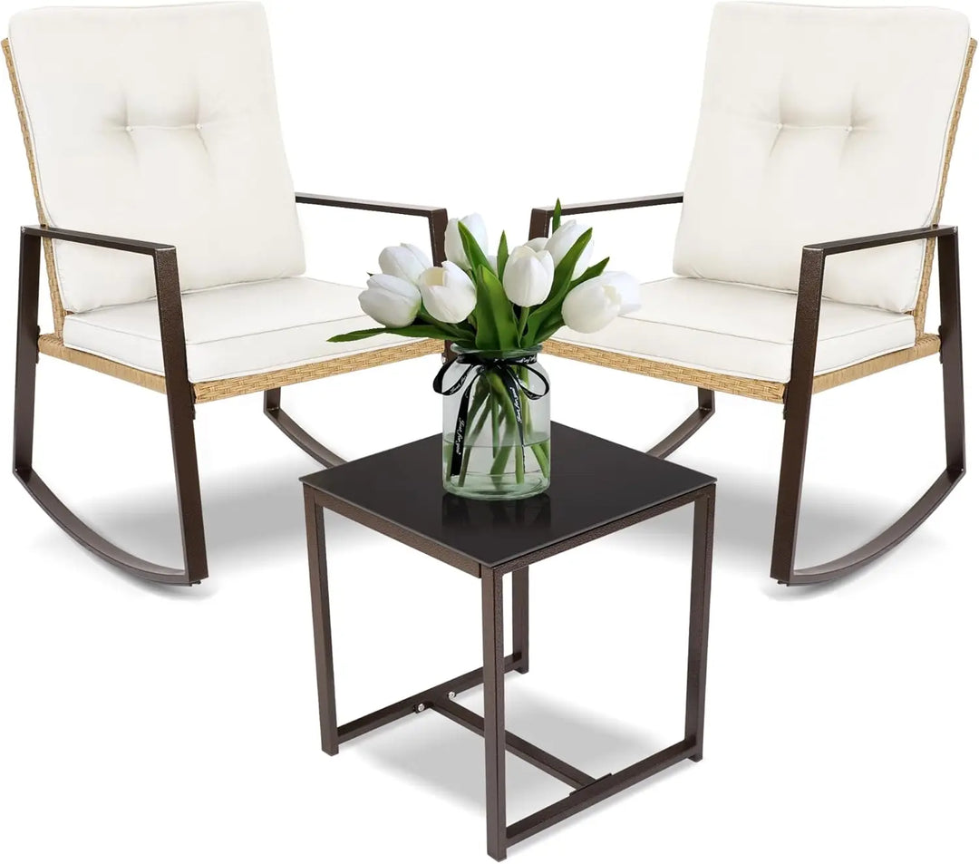 Piece Light Beige Rattan Bistro Set – Outdoor Rocking Chairs with Washable Cushions & Glass Coffee Table for Patio, Garden & Balcony**