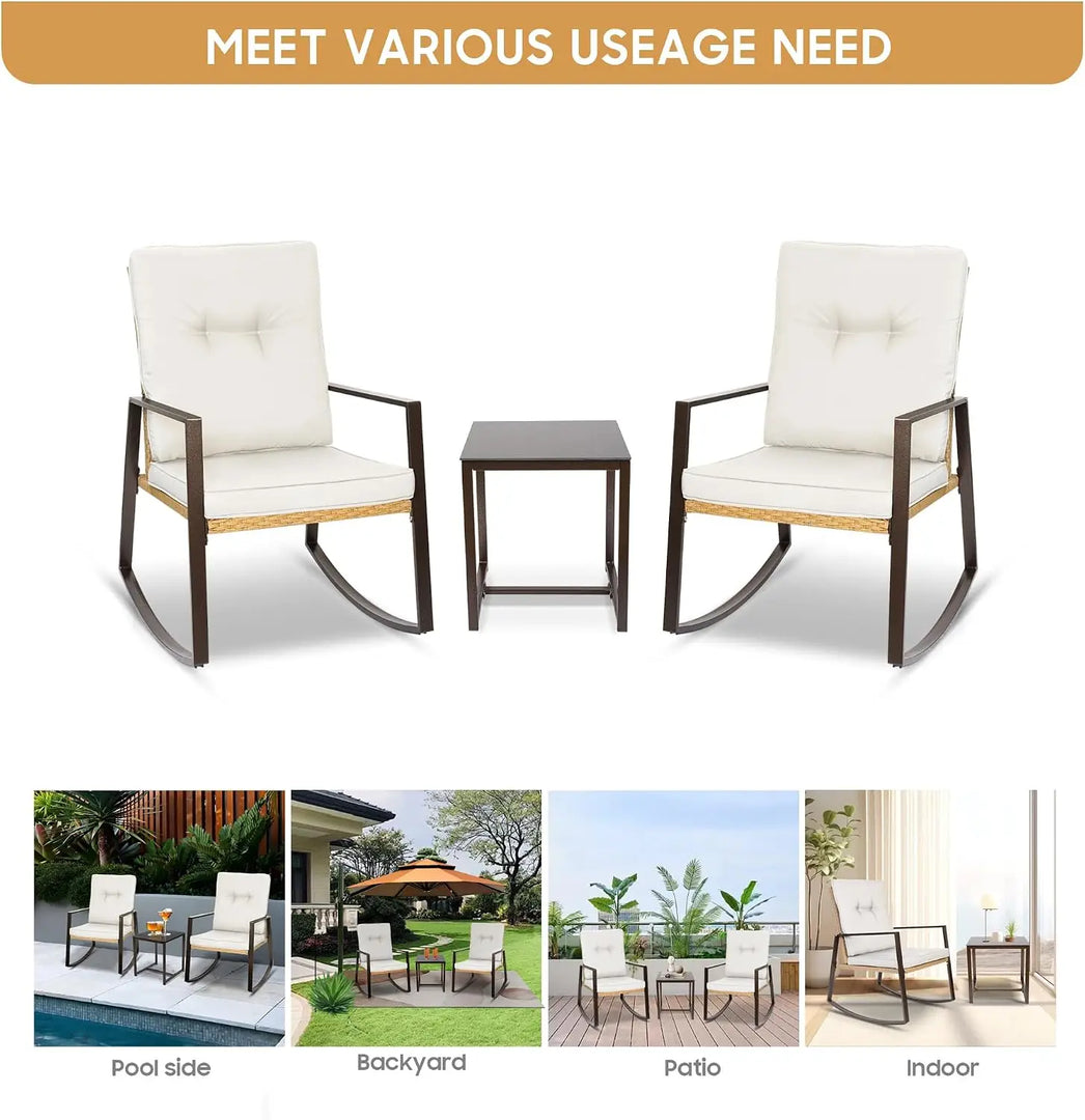 Piece Light Beige Rattan Bistro Set – Outdoor Rocking Chairs with Washable Cushions & Glass Coffee Table for Patio, Garden & Balcony**