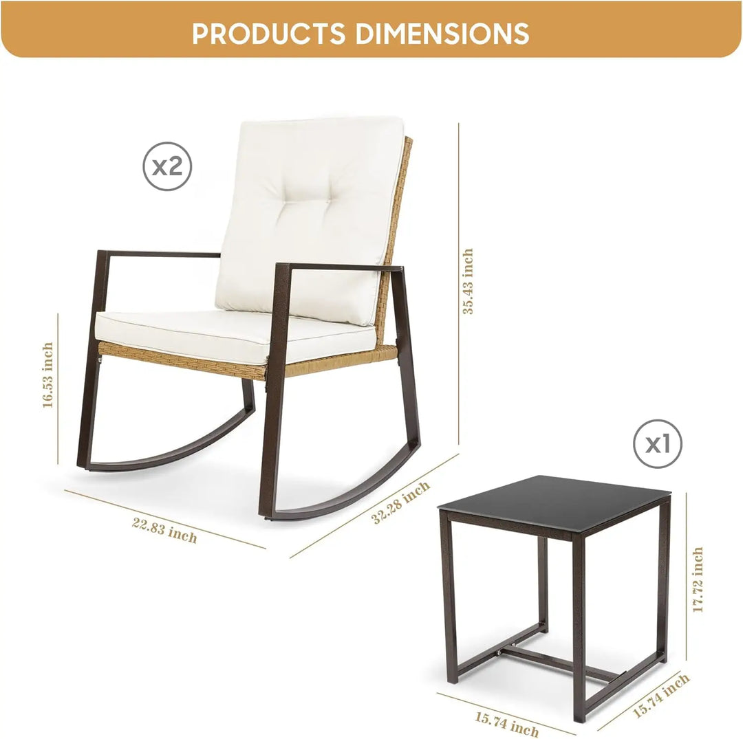 Piece Light Beige Rattan Bistro Set – Outdoor Rocking Chairs with Washable Cushions & Glass Coffee Table for Patio, Garden & Balcony**