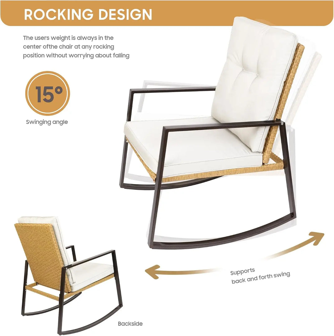 Piece Light Beige Rattan Bistro Set – Outdoor Rocking Chairs with Washable Cushions & Glass Coffee Table for Patio, Garden & Balcony**