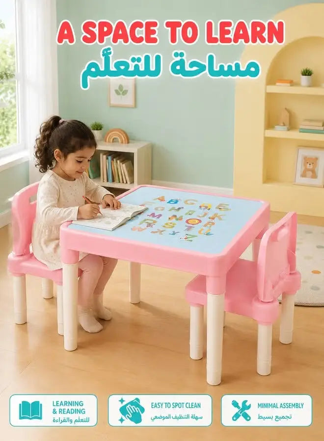 Pink Kids Table and Chair Set- Safe Kids Study Drawing Play Desk for Reading Snacks Parent‑Child Interaction for Home Nursery Daycare
