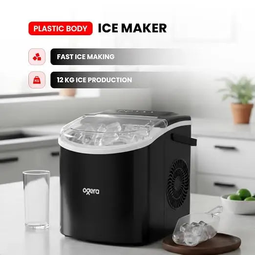 Portable Countertop Ice Maker, 12KG Ice Production, 6 Minute Fast Ice Making, Plastic Body with Transparent Lid, Black, Model OG141IM Brand: Ogera