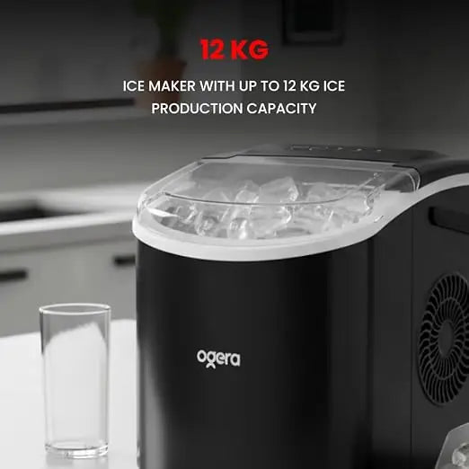Portable Countertop Ice Maker, 12KG Ice Production, 6 Minute Fast Ice Making, Plastic Body with Transparent Lid, Black, Model OG141IM Brand: Ogera