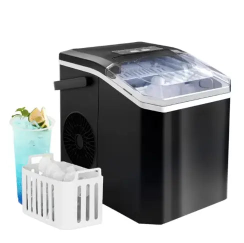 Portable Countertop Ice Maker - 9 Ice Cubes in 6 Minutes, 12kg/24H Daily Output, Self-Cleaning Function with Ice Scoop and Basket, Perfect for Kitchens, Offices, Bars & Parties - Black