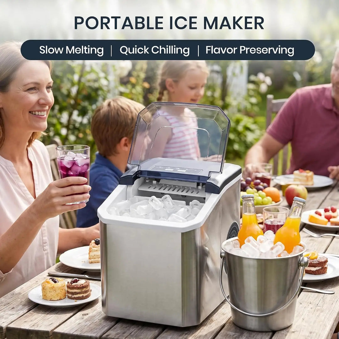 Portable Countertop Ice Maker, Adjustable 5 Ice Sizes, 9 Ice Cubes in 6 Min, 1.3L Water Tank Storage, Self-Cleaning with Scoop & Basket for Indoor & Outdoor, 22.5x29.4x28.5cm