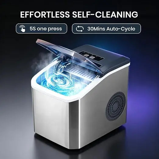 Portable Countertop Ice Maker, Adjustable 5 Ice Sizes, 9 Ice Cubes in 6 Min, 1.3L Water Tank Storage, Self-Cleaning with Scoop & Basket for Indoor & Outdoor, 22.5x29.4x28.5cm