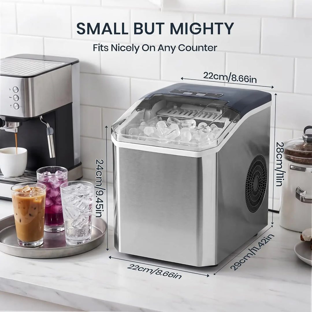Portable Countertop Ice Maker, Adjustable 5 Ice Sizes, 9 Ice Cubes in 6 Min, 1.3L Water Tank Storage, Self-Cleaning with Scoop & Basket for Indoor & Outdoor, 22.5x29.4x28.5cm
