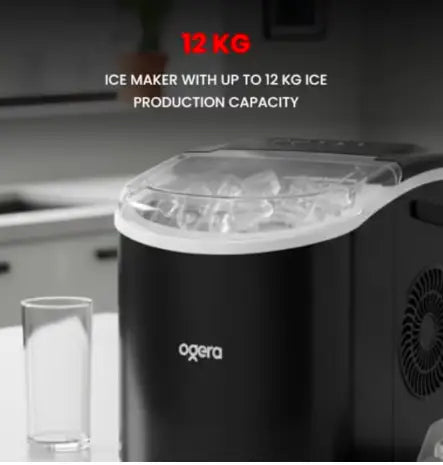 Portable countertop ice maker for home and office use, plastic body with transparent lid, black color, 12kg ice production capacity and 6-minute fast ice making